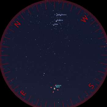 Mars with Uranus just above it, and the Pleiades