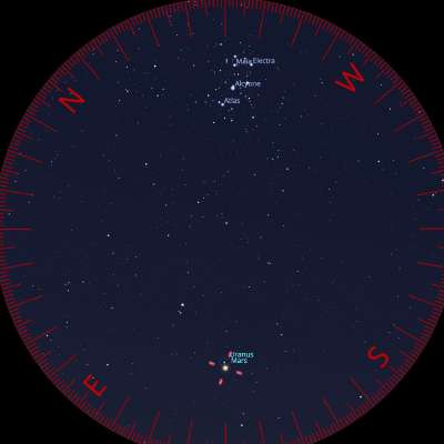 Mars with Uranus just above it, and the Pleiades