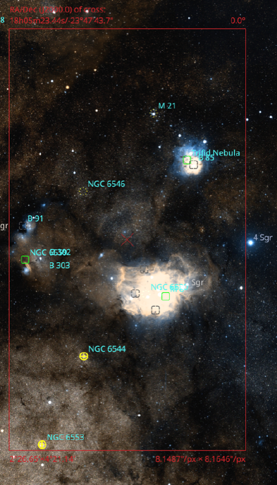 A Seestar S30 in mosaic mode covers M20, M8, M21, and NGC 6559 in a single stitched frame.