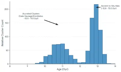 Distribution of ages of Milky Way globular clusters. The two populations correspond to different origins: the younger group is largely clusters inherited from galaxies the Milky Way has since cannibalized; the older, sharper peak is the ancient, in-situ population M 15 belongs to.
