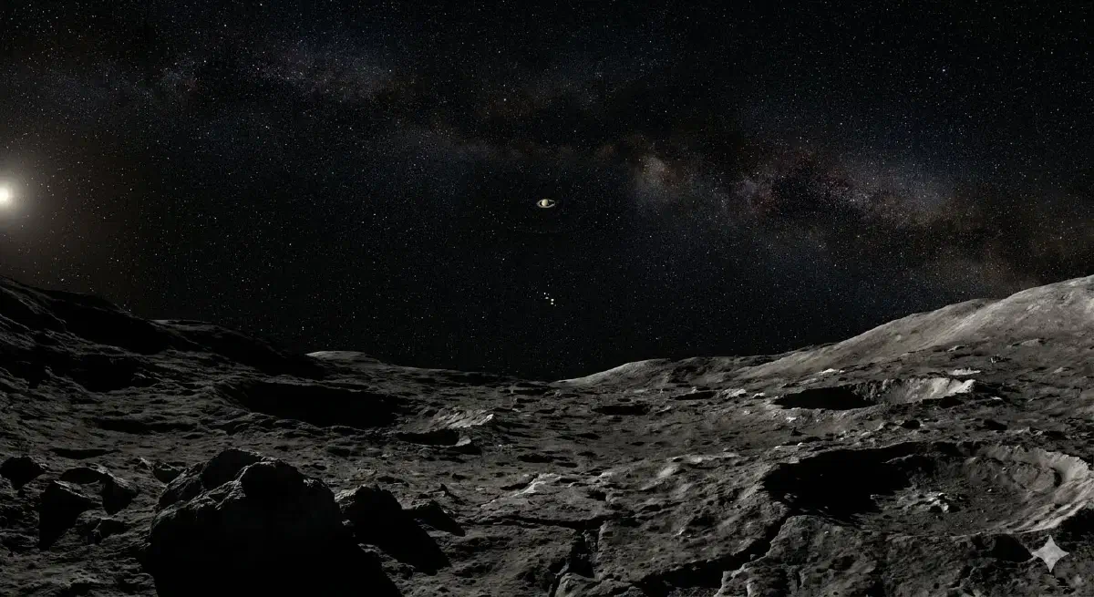 Saturn as it would actually appear from Phoebe’s surface — a small, pale disk, not the sky-filling giant space art usually shows.