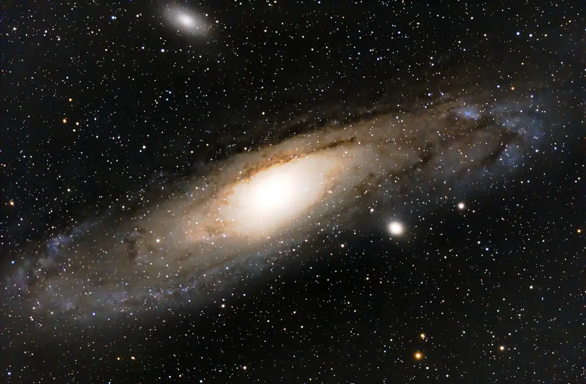 The Andromeda Galaxy, a large spiral galaxy seen at a steep tilt