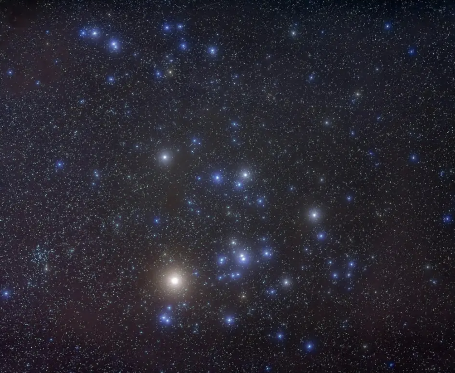 The Hyades star cluster in Taurus forms the distinctive V-shape of the Bull's face. It is the nearest open cluster to Earth, and its distance has long served as a crucial rung on the cosmic distance ladder. How far away are the Hyades?